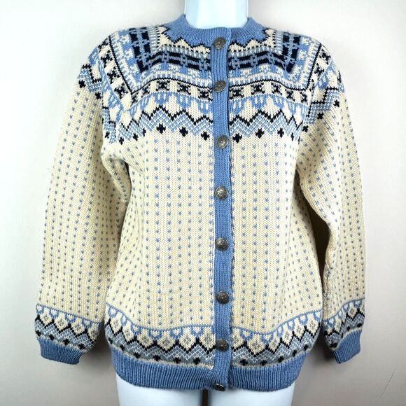 Sweaters - Handmade O Allers Nilssen Norway Wool Fair Isle Cream Blue Cardigan Sweater S/M